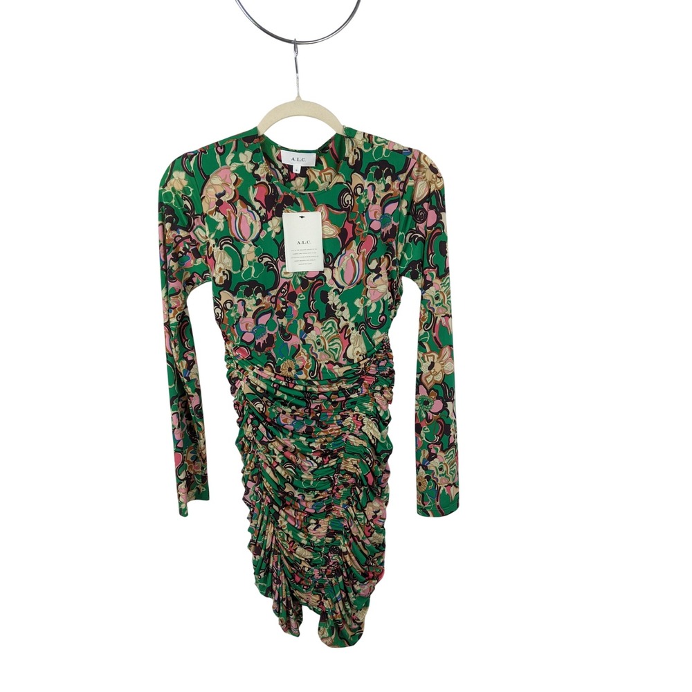A.L.C. Kiki Floral Ruched Long Sleeve Mini Dress Green Multi Size M NEW